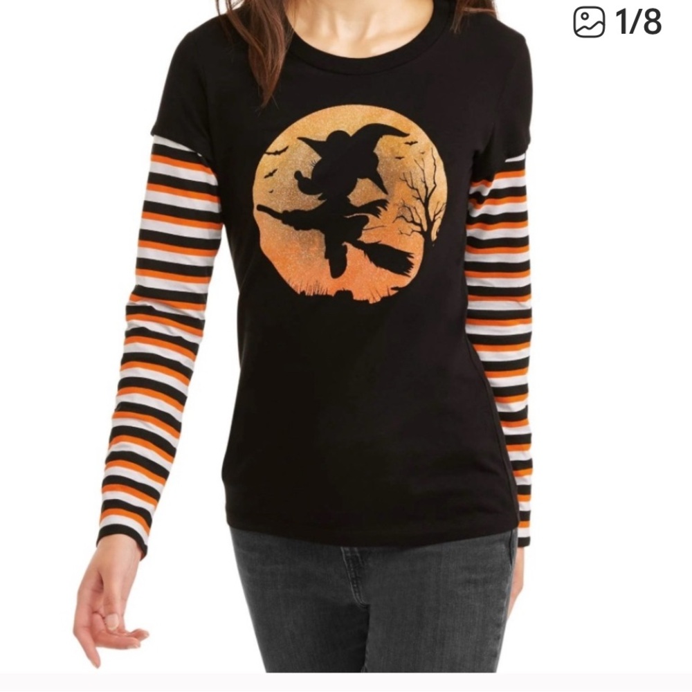 50%offw❤️ Disney 💋Halloween Shirt Witch Minnie Mouse Striped Sleeve Girls L 113